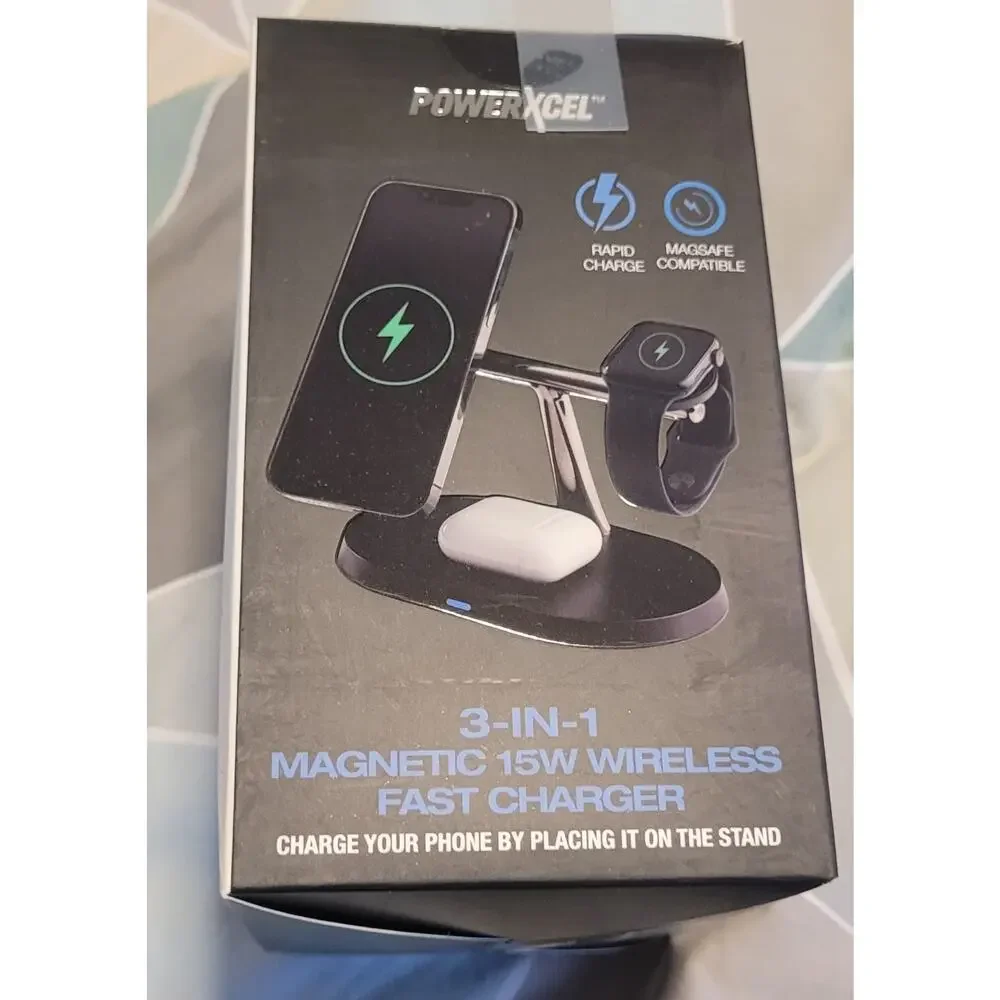 PowerXcel 3-in1 Magnetic Wireless Charger Rapid Charge Magsafe Compatible Black